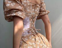 Сукня міді з розрізом в квітковий принт + прозорий корсет  | PUSHKA SHOP