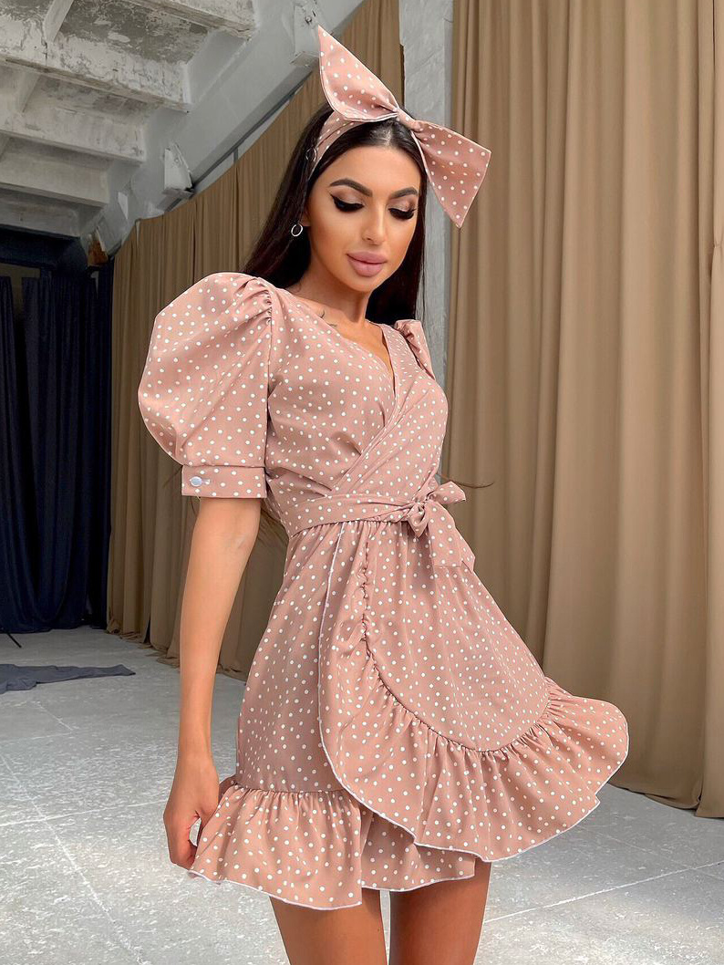 Милое платье в горошек с оборками и повязка бант | PUSHKA SHOP