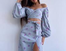 Квітковий комплект: топ із зав'язками на талії + спідниця міді з розрізом Квітковий комплект: топ із зав'язками на талії + спідниця міді з розрізом | PUSHKA SHOP