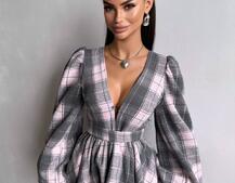 Сукня з подвійною спідницею та обʼємними рукавами у клітинку  | PUSHKA SHOP