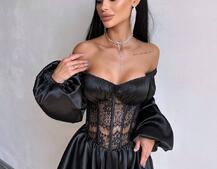 Атласна сукня з обʼємними рукавами та мереживом | PUSHKA SHOP