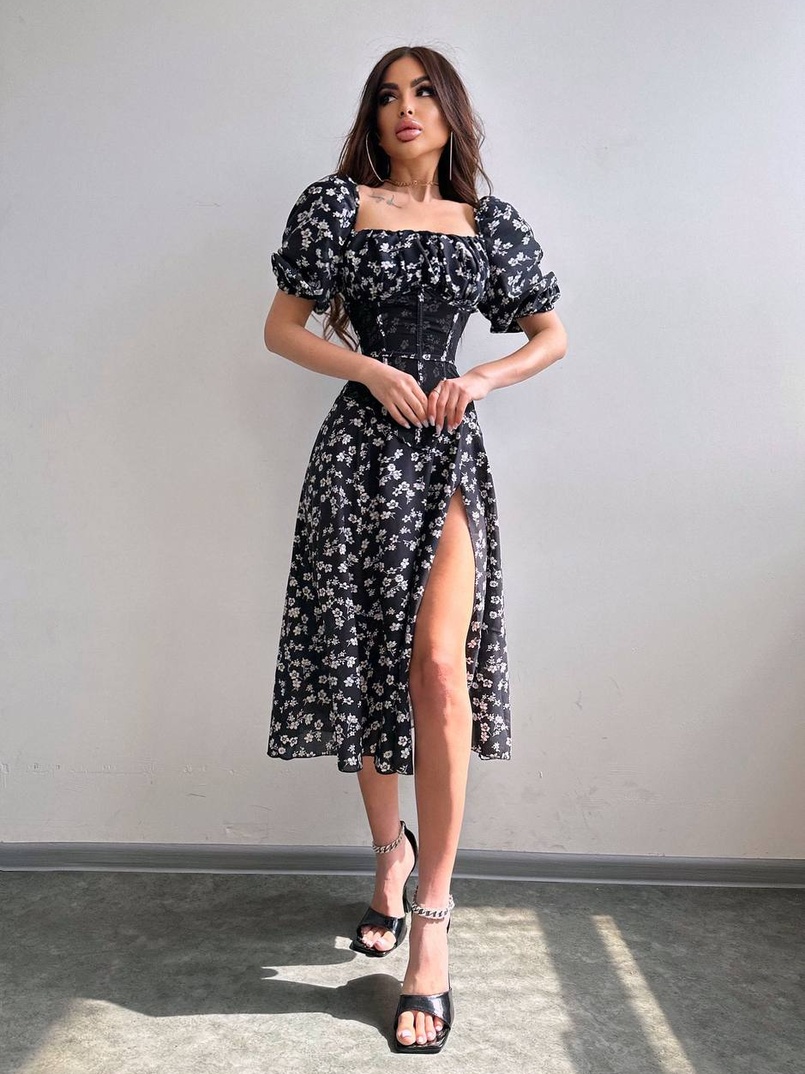 Сукня міді з розрізом в квітковий принт + прозорий корсет  Сукня міді з розрізом в квітковий принт + прозорий корсет  | PUSHKA SHOP