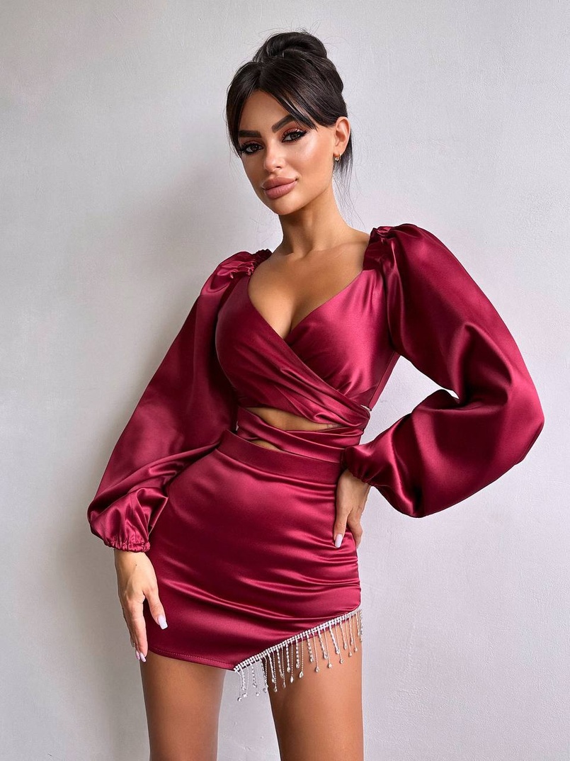 Атласний комплект, декорований бахромою зі страз | PUSHKA SHOP