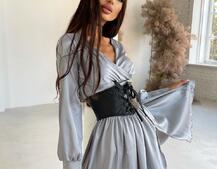 Шелковое платье  с разрезом  + корсет из эко-кож Шелковое платье  с разрезом  + корсет из эко-кож | PUSHKA SHOP