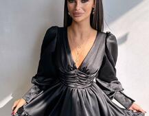 Атласна сукня з пишною подвійною спідницею та об‘ємними рукавами | PUSHKA SHOP