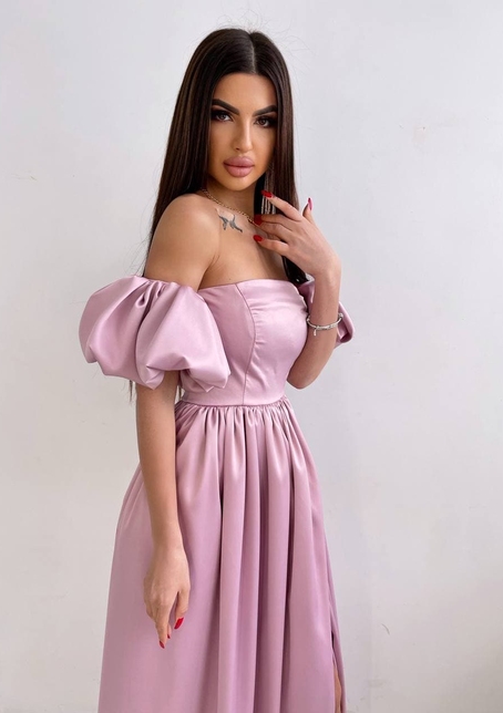 Атласное платье макси с объемными рукавами   | PUSHKA SHOP