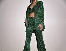 Костюм: піджак на підкладці, штани кльош+ топ з чашечками | PUSHKA SHOP
