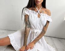 Муслиновое платье мини с корсетной вставкой на талии с косточками  Муслиновое платье мини с корсетной вставкой на талии с косточками  | PUSHKA SHOP