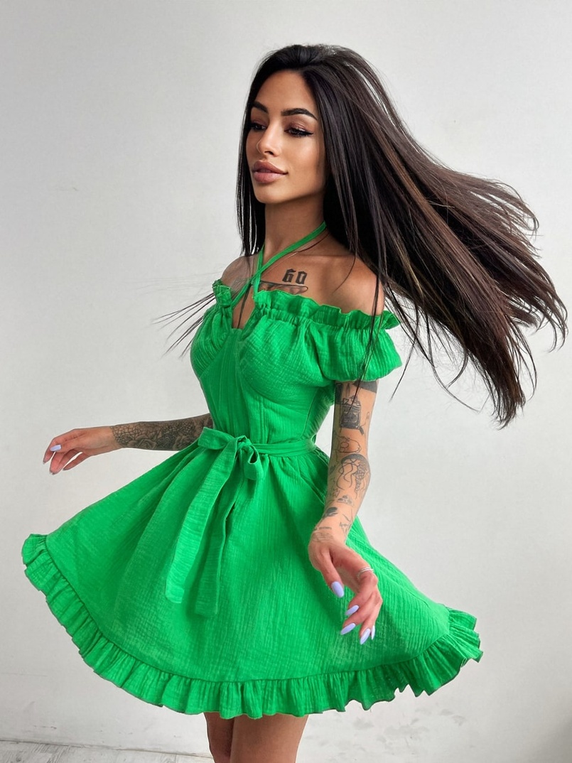 Муслиновое платье мини с корсетной вставкой на талии с косточками Муслиновое платье мини с корсетной вставкой на талии с косточками | PUSHKA SHOP