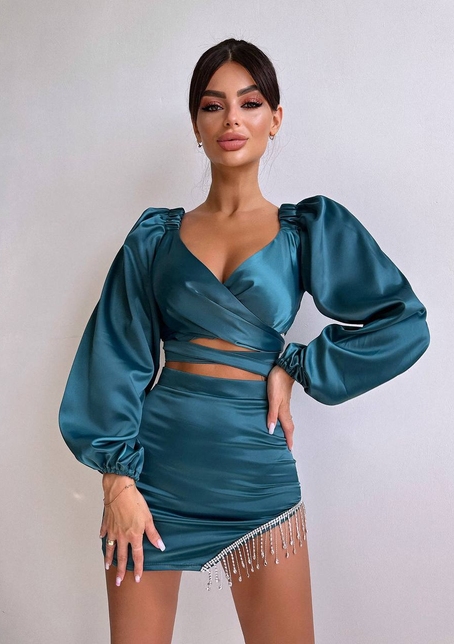 Атласний комплект, декорований бахромою зі страз | PUSHKA SHOP