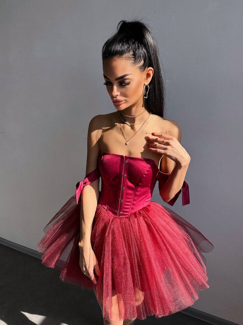 Атласна корсетна сукня міні з гачками та пишною фатиновою спідницею  | PUSHKA SHOP