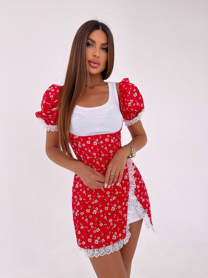 Сукня з квітковим принтом декорована мереживом  Сукня з квітковим принтом декорована мереживом  | PUSHKA SHOP