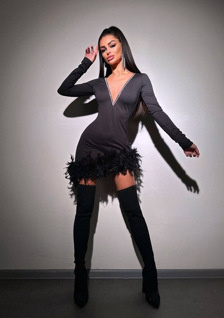 Сукні міні декорована стразами та натуральним пір‘ям | PUSHKA SHOP