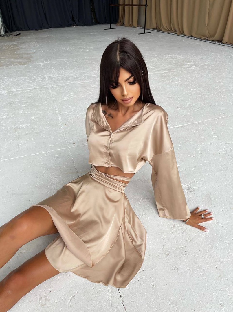 Шелковый комплект: укорочённая рубашка + юбка с запахом   Шелковый комплект: укорочённая рубашка + юбка с запахом   | PUSHKA SHOP