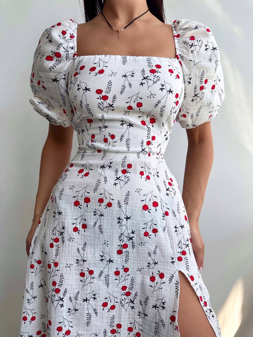 Сукня -міді зі шнурівкою на спинці та розрізом на ніжці з принтом | PUSHKA SHOP