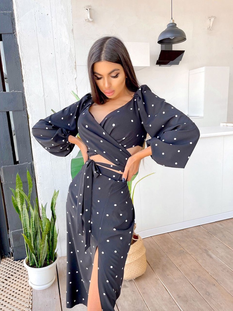 Костюм в горошек с завязками на талии  | PUSHKA SHOP