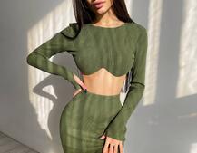 Трикотажный комплект: топ с чашечками push up + юбка миди с разрезом  | PUSHKA SHOP