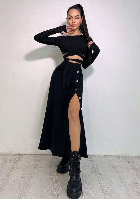 Трикотажный комплект: юбка  миди с разрезом + топ с завязками на талии  | PUSHKA SHOP