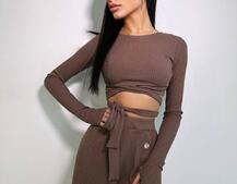 Трикотажный комплект: юбка  миди с разрезом + топ с завязками на талии  | PUSHKA SHOP