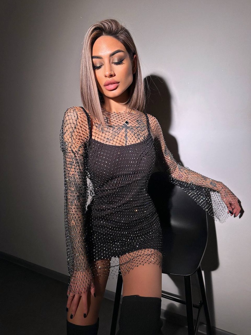 Сукня із сітки зі стразами на трикотажній підкладці  | PUSHKA SHOP