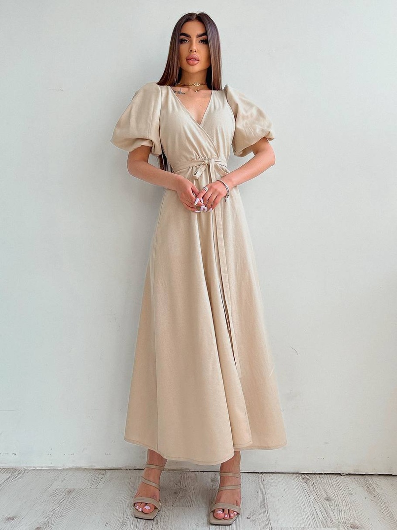 Льняное платье-миди с запахом и объемными рукавами  | PUSHKA SHOP