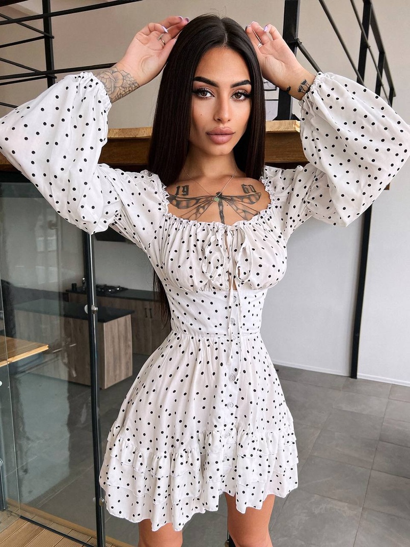 Сукня в горошок на ґудзиках з воланами  | PUSHKA SHOP