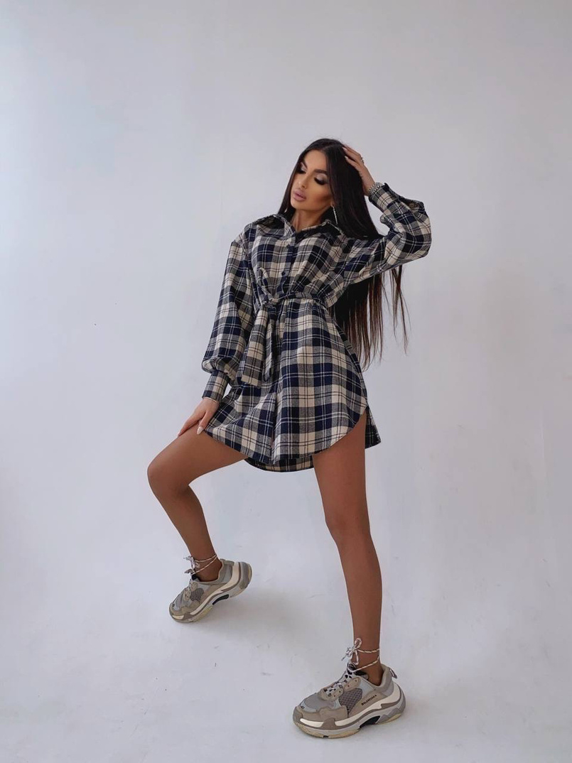 Коттоновое платье-рубашка в клетку Коттоновое платье-рубашка в клетку | PUSHKA SHOP