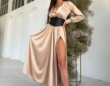 Шелковое платье -миди с разрезом  + корсет из эко-кожи | PUSHKA SHOP