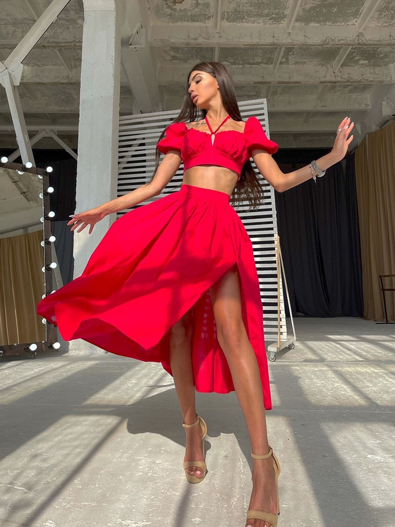 Комплект из хлопка: топ с завязками на груди + юбка-миди с разрезом  | PUSHKA SHOP