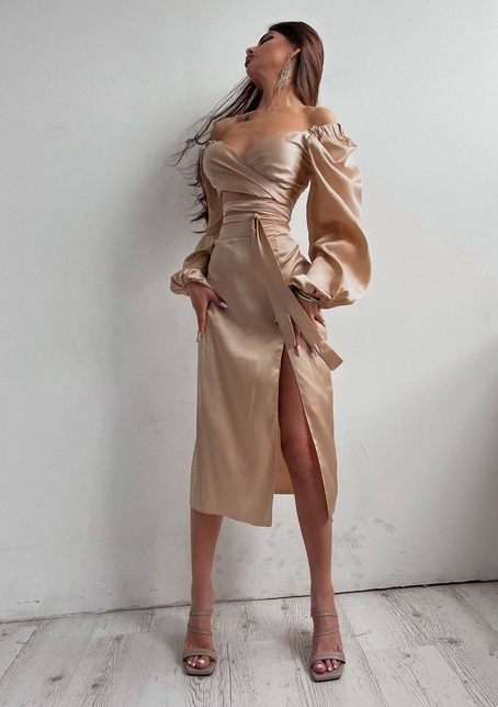 Шелковый комплект: топ с завязками на талии + юбка миди с разрезом  | PUSHKA SHOP