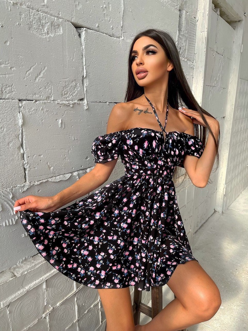 Летнее цветочное платье с завязками на груди  | PUSHKA SHOP