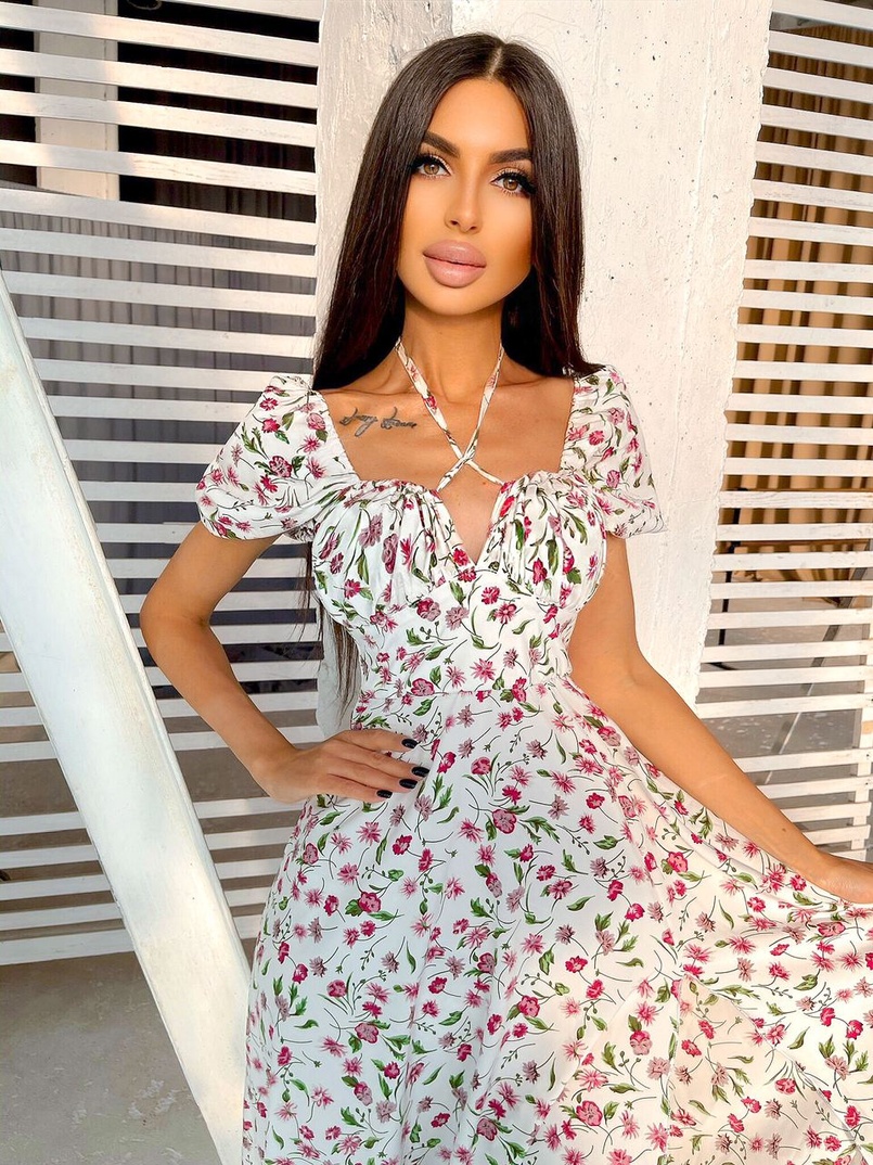 Летнее цветочное платье-миди с завязками на груди  Летнее цветочное платье-миди с завязками на груди  | PUSHKA SHOP