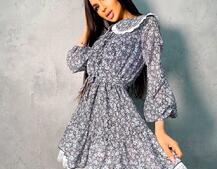 Шифоновое платье с воротничком и подъюбником, декорированным кружевом Шифоновое платье с воротничком и подъюбником, декорированным кружевом | PUSHKA SHOP