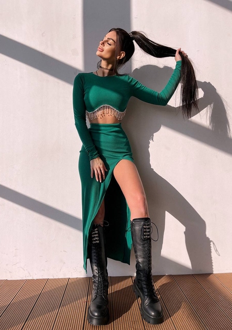 Комплект: спідниця з розрізом + топ, декорований бахромой зі страз | PUSHKA SHOP