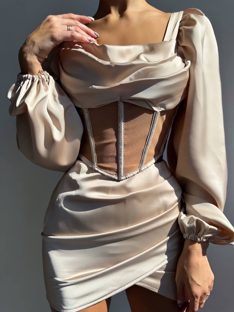 Комплект: корсет, декорований стразами + спідниця міні з драпіруванням   Ручна робота  | PUSHKA SHOP