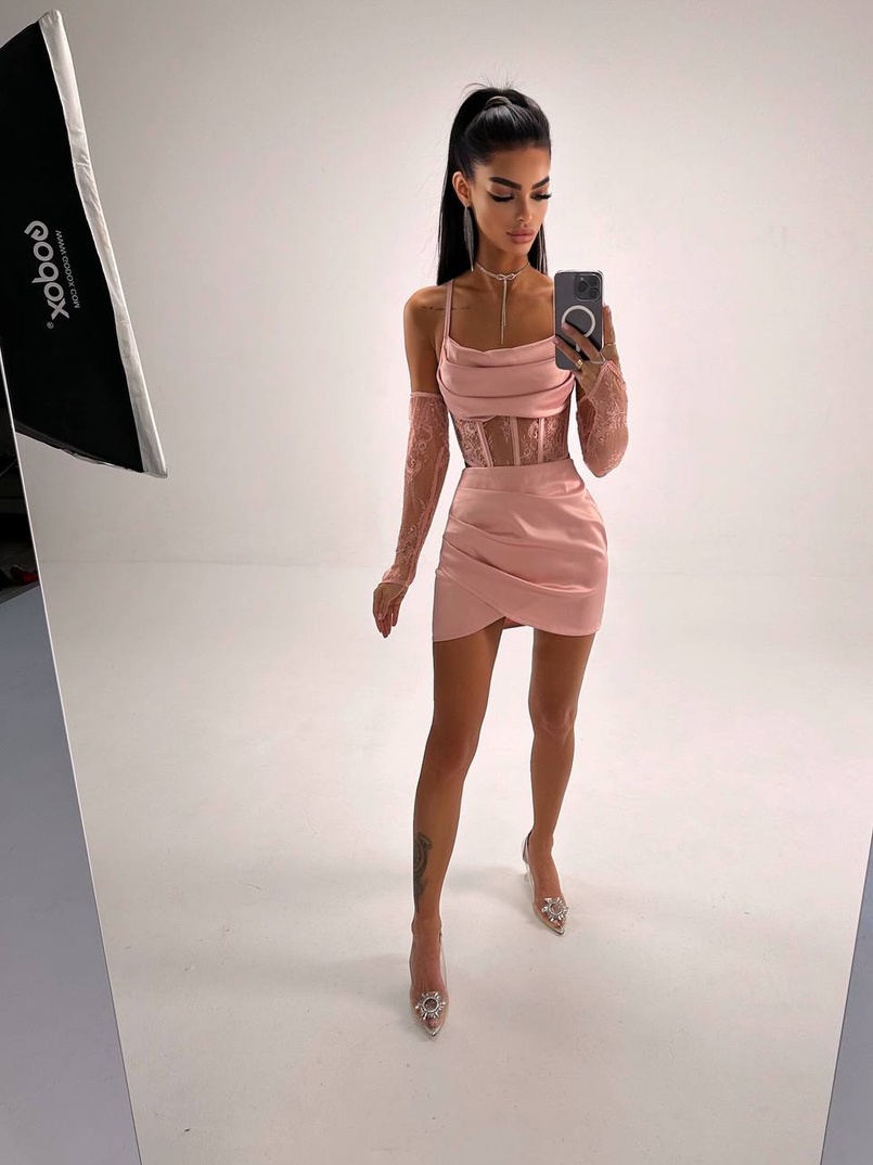 Комплект: корсет, декорований мереживом   + рукавички+ спідниця міні з драпіруванням   | PUSHKA SHOP