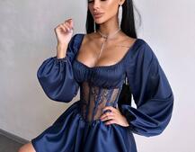 Атласна сукня з обʼємними рукавами та мереживом | PUSHKA SHOP