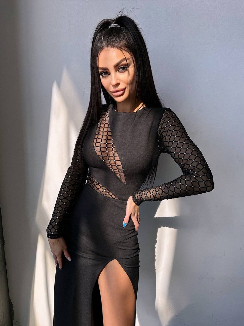 Сукня с вставками сітки та розрізом на ніжці  | PUSHKA SHOP