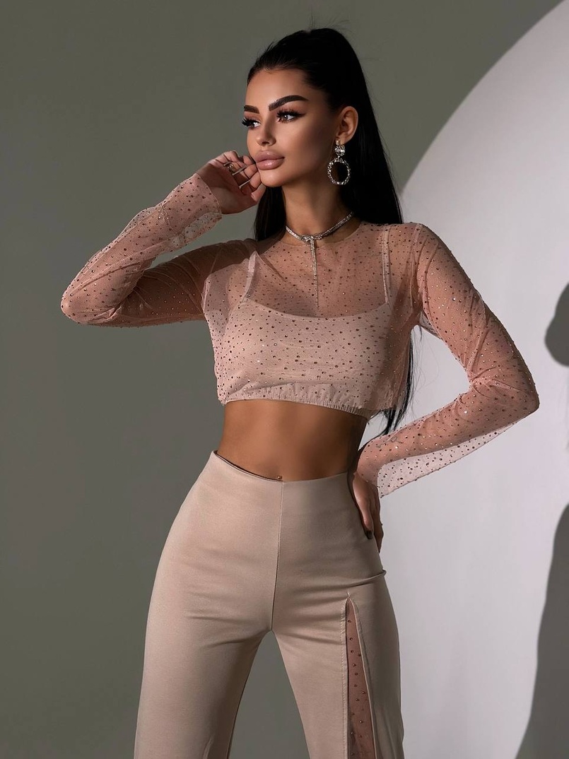 Комплект: топ + штани із сіткою зі стразами Комплект: топ + штани із сіткою зі стразами | PUSHKA SHOP