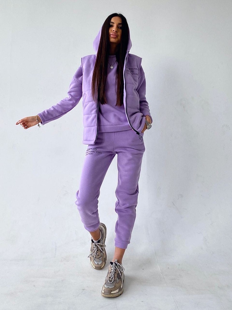 Лавандовый комплект тройка: Свитшот, джоггеры и желетка | PUSHKA SHOP