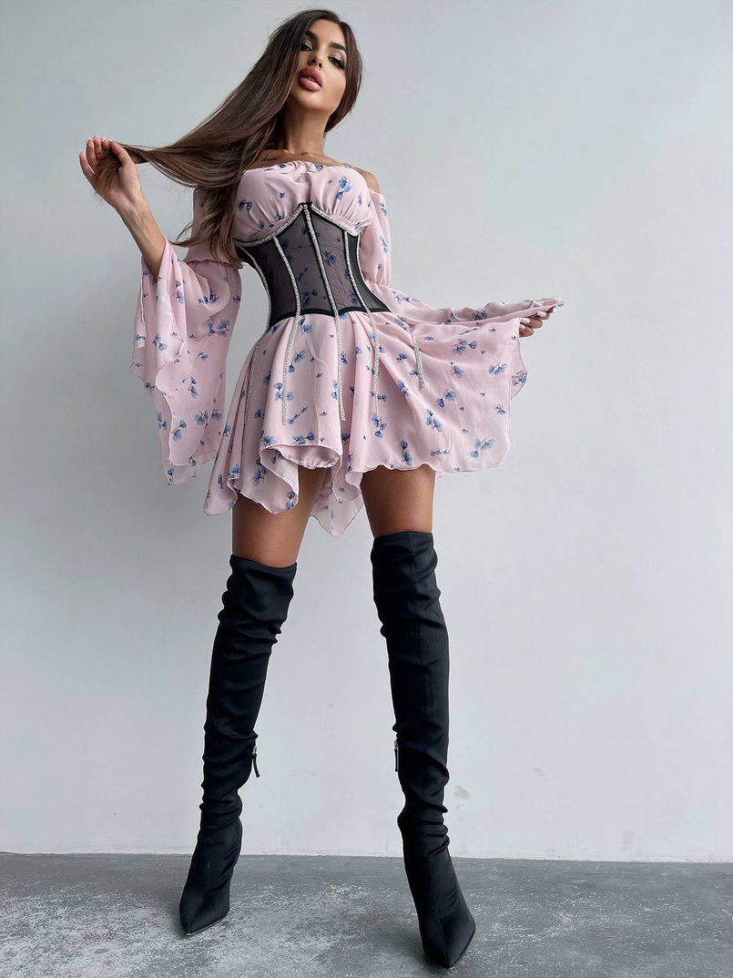 Шифонова сукня на підкладці з розкльошеними рукавами з асиметричною спідницею + корсет декорований стразами  Шифонова сукня на підкладці з розкльошеними рукавами з асиметричною спідницею + корсет декорований стразами  | PUSHKA SHOP