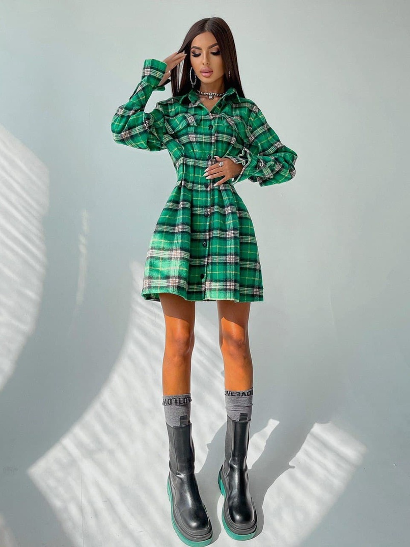 Кашемировое приталенное платье-рубашка в клетку | PUSHKA SHOP