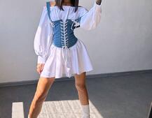 Приталена сукня-сорочка на плічках  з джинсовим корсетом на шнурівці  | PUSHKA SHOP