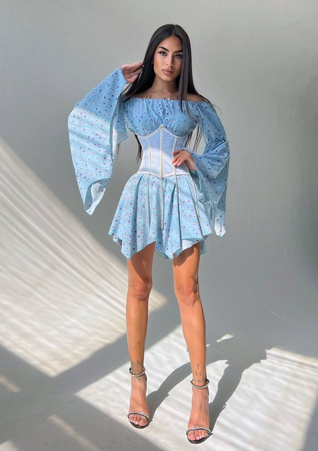 Сукня асиметричного крою з розкльошеними рукавами + корсет декорований стразами Ручна робота | PUSHKA SHOP