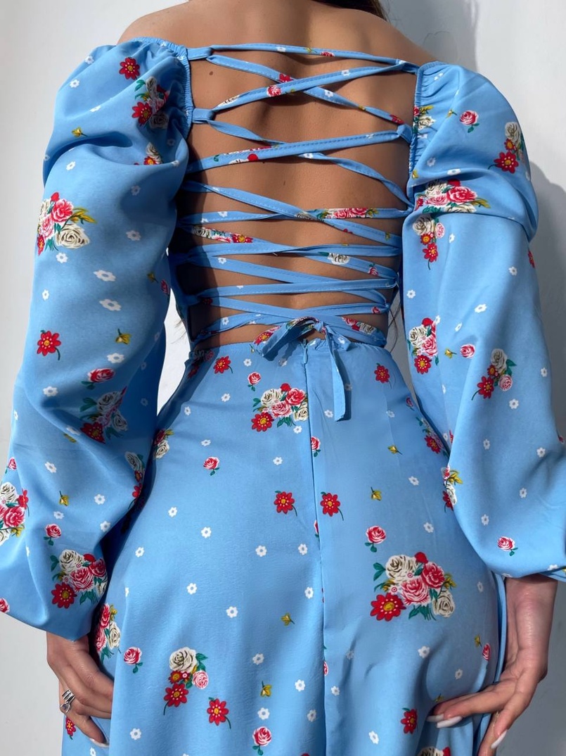 Квіткова сукня-міді зі шнурівкою на спинці та розрізом на ніжці | PUSHKA SHOP