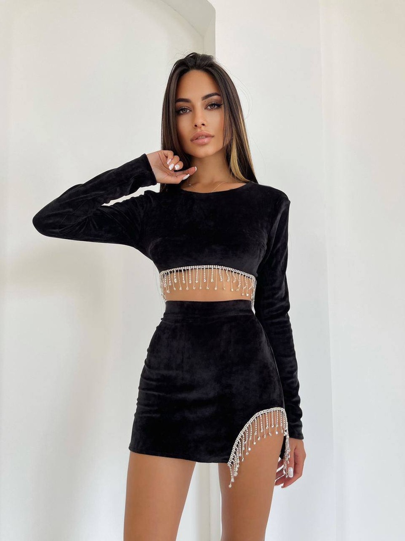 Оксамитовий комплект, декорований бахромою зі страз | PUSHKA SHOP