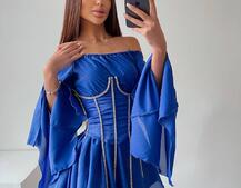 Шифонова сукня на підкладці з розкльошеними рукавами з асиметричною спідницею + корсет декорований стразами Ручна робота! | PUSHKA SHOP