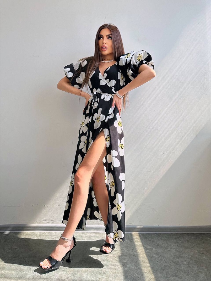 Сукня міді  із запахом та об'ємними рукавами | PUSHKA SHOP