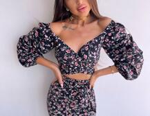 Квітковий комплект: топ із зав'язками на талії + спідниця міді з розрізом | PUSHKA SHOP