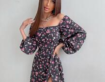 Цветочное платье-миди со шнуровкой на спинке и разрезом на ножке  Цветочное платье-миди со шнуровкой на спинке и разрезом на ножке  | PUSHKA SHOP